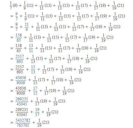 1/7*9+ 1/9*11+ 1/11*13+ 1/13*15+ 1/15*17 + 1/17*19+ 1/19*21=? Можете ​