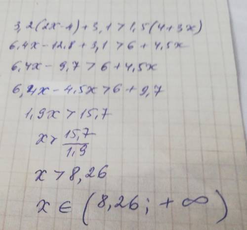 Решите неравенство: 3,2(2x-4)+3,1>1,5(4+3x)​