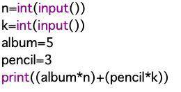 Составьте код программы: Андрей купил 5 альбомов по n тенге, 3 набора карандашей по к тенге. Найдите