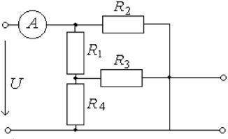 Определите показание амперметра U=200 R1=60 R2=40 R3=60 R4=40