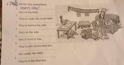 6 TO... the apples?in the bagHAPPY BIRTHDAYWrite the questions.1 Where's Corky?He's on the table.2Th