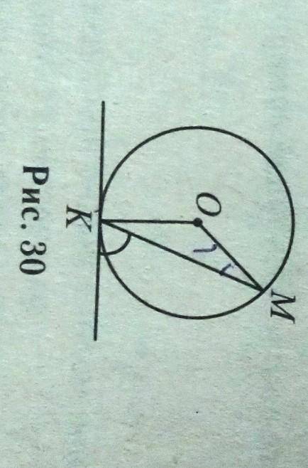 Прямая касается окружности в точке К. Точка 0 — центр окружно- сти (см. рис. 30). Хорда МК образует