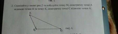 Скопіюйте у зошит малюнок 2побудуйте точку М симетричну точці А відносну точки В та точки К,симетрич