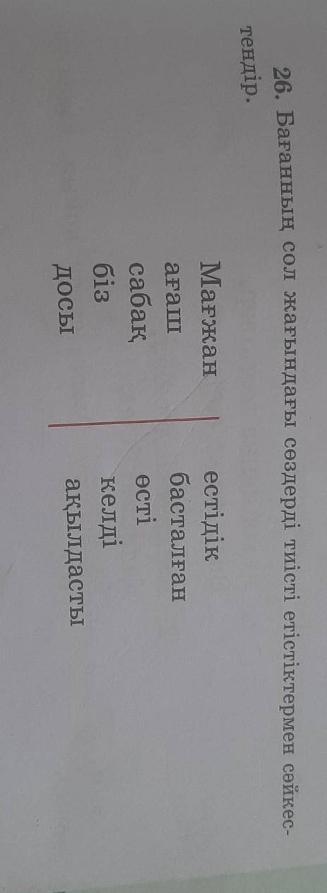 26. Бағанның сол жағындағы сөздерді тиісті етістіктермен сәйкес тендір.Мағжанағашсабақбіздосы естіді