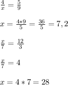 \frac{4}{x} = \frac{5}{9}\\\\x = \frac{4*9}{5} = \frac{36}{5} =7,2\\\\\frac{x}{7} = \frac{12}{3}\\\\\frac{x}{7} = 4\\\\x = 4*7 = 28