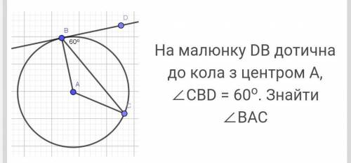 На малюнку DB дотична до кола з центром А, ∠CBD = 60o. Знайти ∠ВАС​