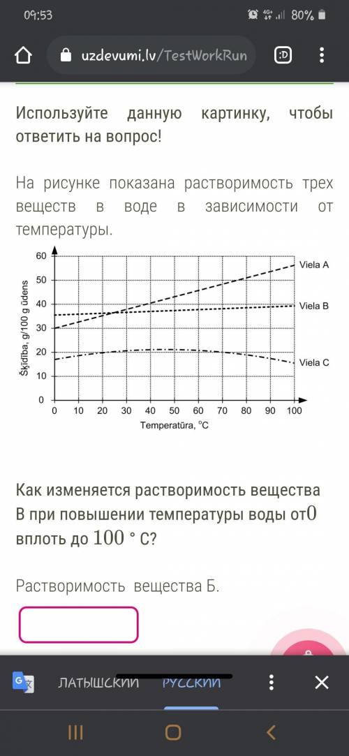 Как изменяется растворимость вещества B при повышении температуры воды от0 вплоть до 100 ° C?