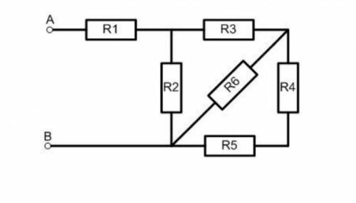 Коло постійного струму має шість резисторів, з'єднаних змішано. Схема кола і значення резисторів вка