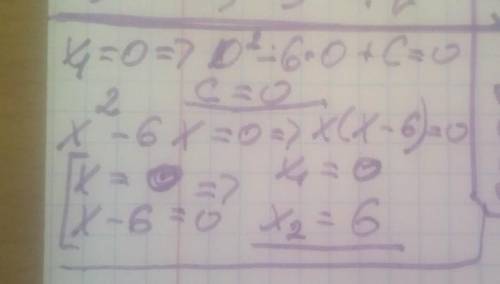 один із коренів квадратного рівняння x²-6x+c=0 дорівнює 0 знайдіть вільний член і другий корінь цьог