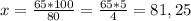 x = \frac{65*100}{80}=\frac{65*5}{4} = 81,25