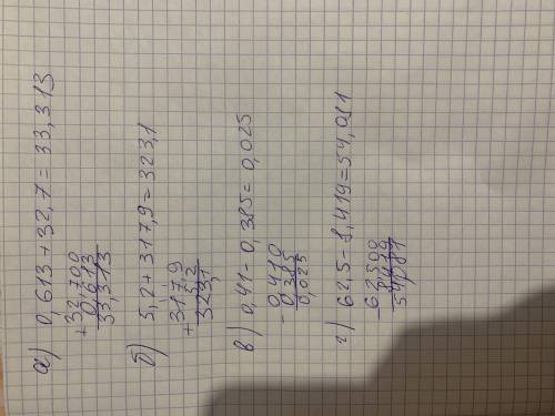 Выполните действия. а) 0,613+32,7.б) 5,2+317,9. в) 0,41-0,385. г)62,5-8,419​