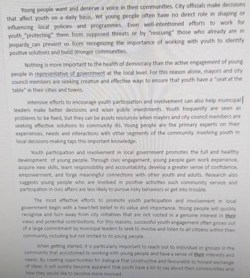 Task 2. Comprehension questions A. In which paragraphs do the following ideas appear?1 The youth don