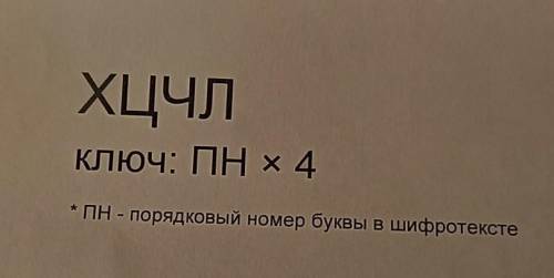 ХЦЧЛКлюч: ПН x 4* ПН - порядковый номер буквы в шифротексте​