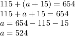 115+(a+15) =654\\115+a+15=654\\a=654-115-15\\a=524