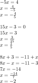 -5x=4\\x=\frac{4}{-5} \\x=-\frac{4}{5} \\\\15x-3=0\\15x=3\\x=\frac{3}{15}\\x=\frac{1}{5} \\\\8x+3=-11+x\\8x-x=-11-3\\7x=-14\\x=\frac{-14}{7} \\x=-2