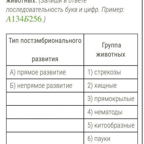 Установи соответствие между типом постэмбрионального развития и группой животный: