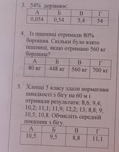 3. 54% дорівнює: AБ0,054 0.54B.5,4Г544. Із пшениці отримали 80%борошна. Скільки було взятоПшениці, я