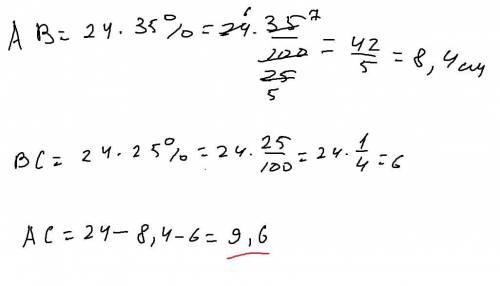 1127. Периметр треугольника ABC равен 24 см. Длина стороны AB составляет 35%, а длина стороны ВС 25%