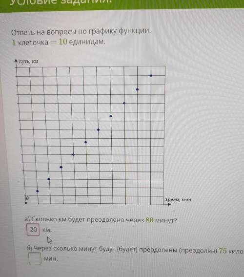 ответы на вопросы по графику функции. 1 клеточка = 10 единицам.туть, кмвремя мина) Сколько км будет