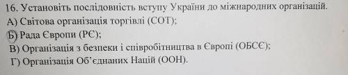 Установiть послiдовнiсть вступу Украiни до мiжнародних органiзацiй