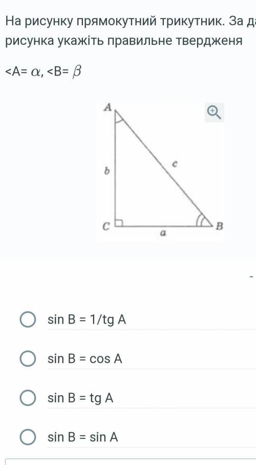 На рисунку прямокутний трикутник. За даними рисунка. укажіть правильне твердженням​