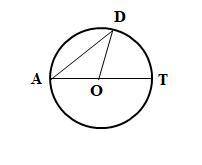 О - центр кола, ∠DOT=50°. Знайти ∠ОDA