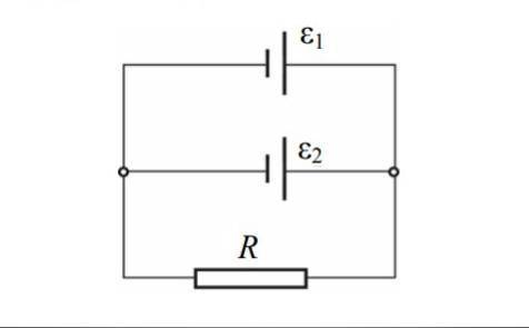 Две батареи аккумуляторов с ЭДС ε1 = 10 В, ε2 = 8 В и внутренними сопротивлениями r1 = 1 Ом и r2 = 2