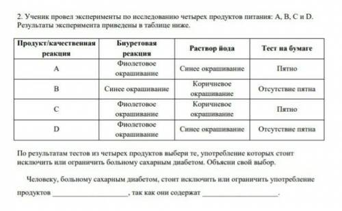 2. Ученик провел эксперименты по исследованию четырех продуктов питания: A, B, C и D. Результаты экс