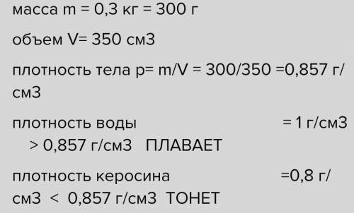 (1)Тело массой 0,3 кг приполном погружении вытесняет 350см³ жидкости. Будет ли оно плавать в воде? (