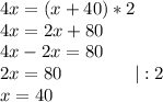 4x=(x+40)*2\\4x=2x+80\\4x-2x=80\\2x=80 \ \ \ \ \ \ \ \ \ \ \ \ |:2\\x=40