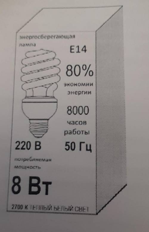 На рисунке изображена упаковочная коробка энергосберегающей лампочки. Какую силу тока потребляет эта