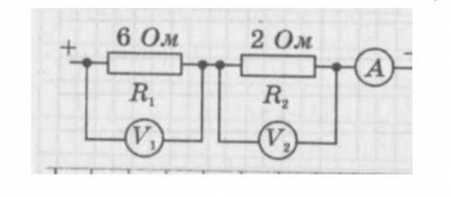 На рисунку зображено електричне коло. Визначте показання амперметра і вольтметраV1, якщо вольтметр V