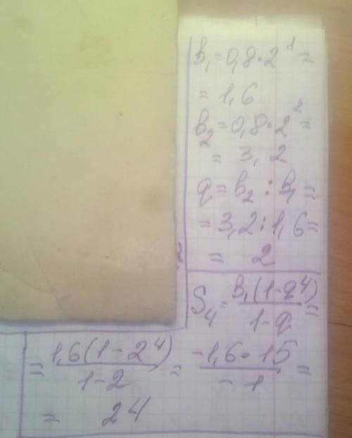 В геометрической прогрессии bn=0,8*2^n a)Найти: b1; q; b4. b)Вычислить сумму четырех членов последов