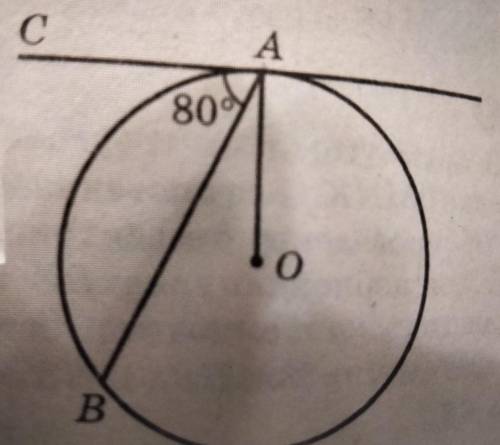 За умовою О— центр кола, СА — дотична, кут ВАСдотична, кут ВАС = 80. Знайти кут ВАО?​