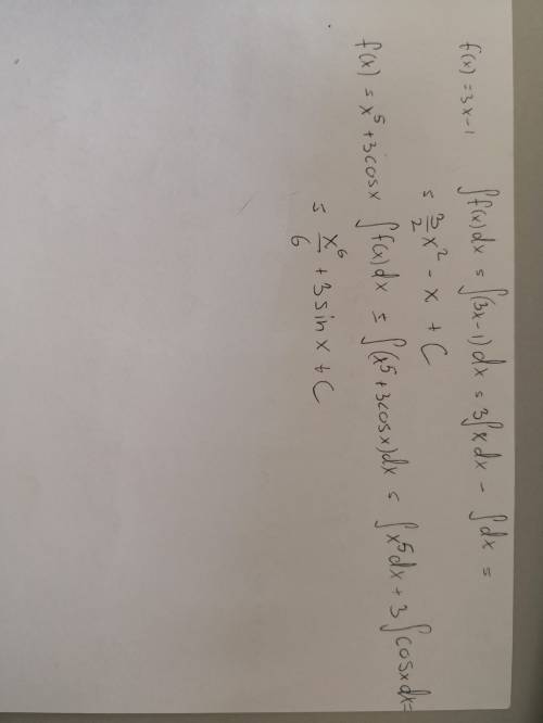 Найти одну из первообразной 1) f(x) = 3x - 1 2) f(x) = x^5 + 3cosx