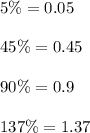 5\% = 0.05 \\ \\ 45\% = 0.45 \\ \\ 90\% = 0.9 \\ \\ 137\% = 1.37