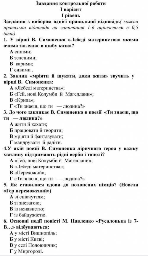 УКРАЇНСЬКА ЛІТЕРАТУРА. 7 КЛАС. КОНТРОЛЬНА РОБОТА «ВАСИЛЬ СИМОНЕНКО. МАРИНА ПАВЛЕНКО. ЛЮБОВ ПОНОМАРЕН