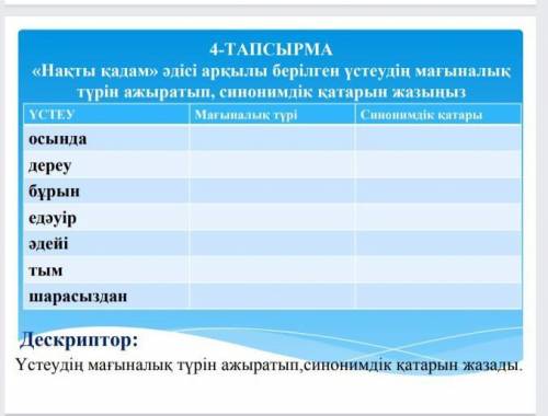 4-ТАПСЫРМА «Нақты қадам» әдісі арқылы берілген үстеудің мағыналыктүрін ажыратып, синонимшік қатарын