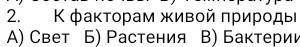 К факторам живой природы Не относятся? А)Свет Б) Растения В)Бактерии Г) Грибы​