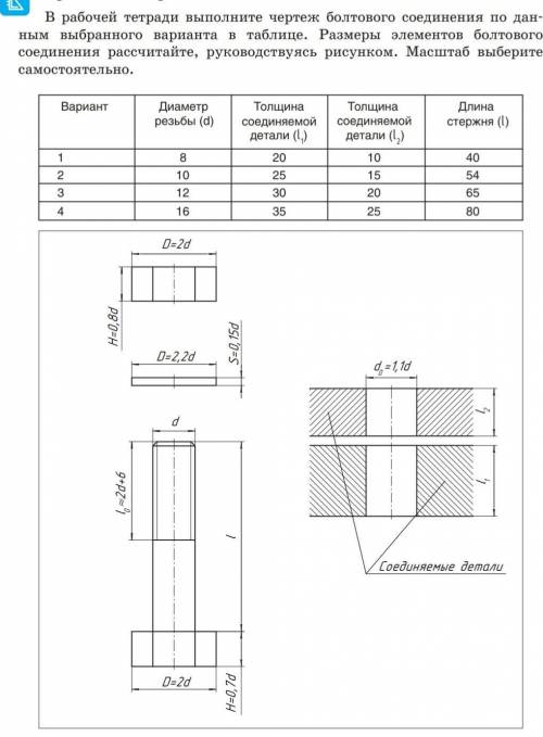 Выполнить чертёж болтового соединения 2 варианта.Масштаб 2:1 (в два раза увеличивать размер).Делать