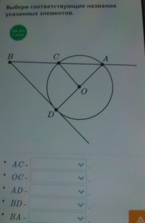 Касательная к окружности. Свойства касательных к окружности. Урок 2Выбери соответствующие названияук