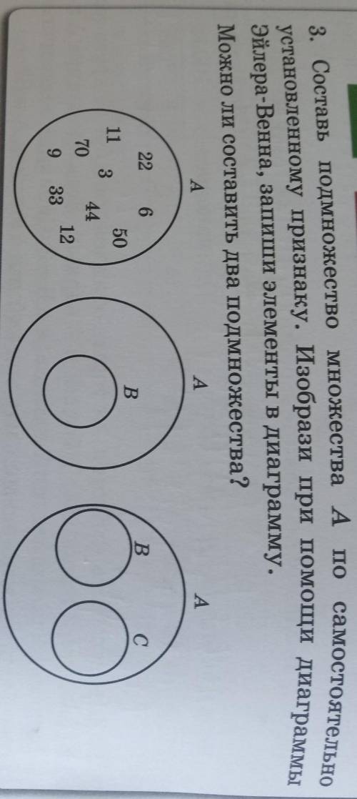3. Составь подмножество множества и по самостоятельно при диаграммыЭйлера-Венна, запиши элементы в д