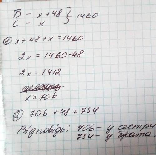 к.р. У брата на 48грн більше грошей ніж у сестри,а сума усіх грошей 1460грн.Скільки грошей у сестри​