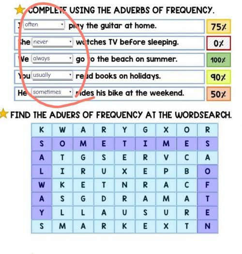 FIND THE ADVERS OF FREQUENCY AT THE WORDSEARCH. слова которые я обвела найдите ​