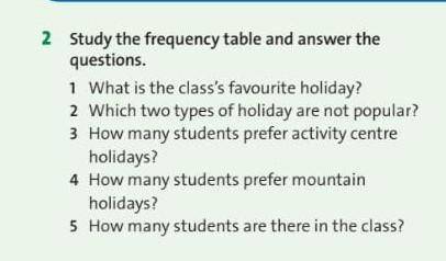 2 Study the frequency table and answer the questions.1 What is the class's favourite holiday?2 Which