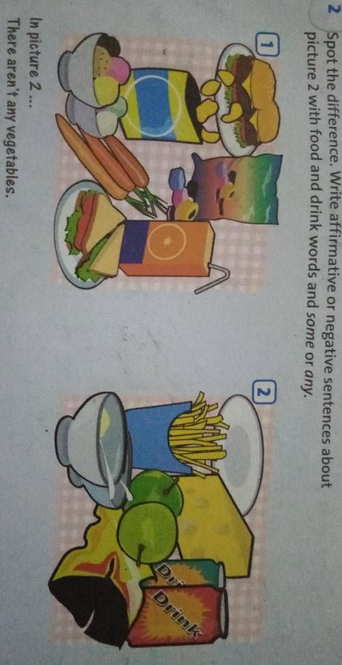 2 Spot the difference. Write affirmative or negative sentences about picture 2 with food and drink w