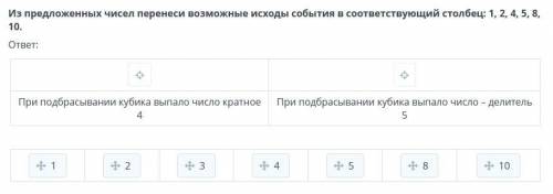 Из предложенных чисел перенеси возможные исходы события в соответствующий столбец: 1, 2, 4, 5, 8, 10