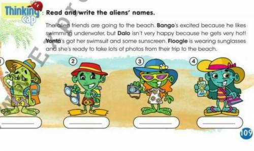 Thinkiny? capRead and write the aliens' names.The alien friends are going to the beach. Bango's exci