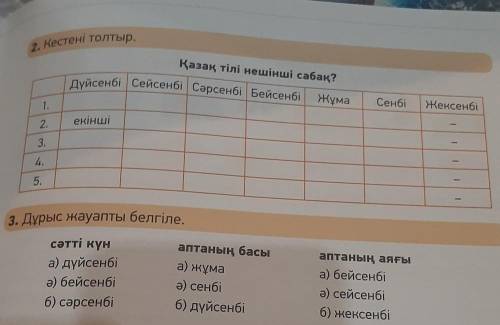 2. Кестені толтыр. Қазақ тілі нешінші сабақ?Дүйсенбі Сейсенбі Сәрсенбі Бейсенбі ЖұмаСенбіЖексенбі1.2