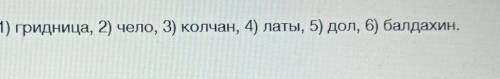 12. Поясните слова: 1) гриДница, 2) чело, 3) колчан, 4) латы, 5) дол, 6) балдахин.​